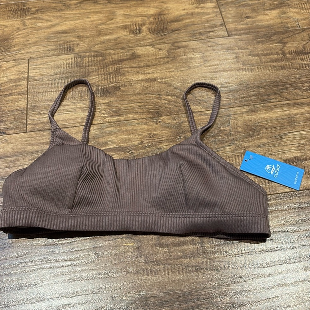 Brown ribbed striped Cupshe bikini top